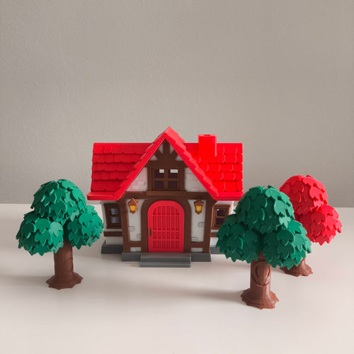Casa 3D estilo isleño – 25 cm con árboles y puerta que se abre